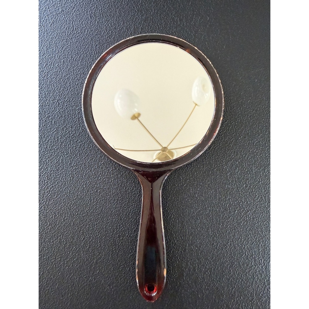 Vtg Faux Tortoiseshell Handheld Vanity Mirror Round Brown Amber Retro READ